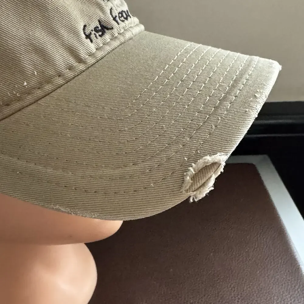 Fish Fear Me Bass Pro Shops Hat Distressed Fishing Cap Tan Adjustable